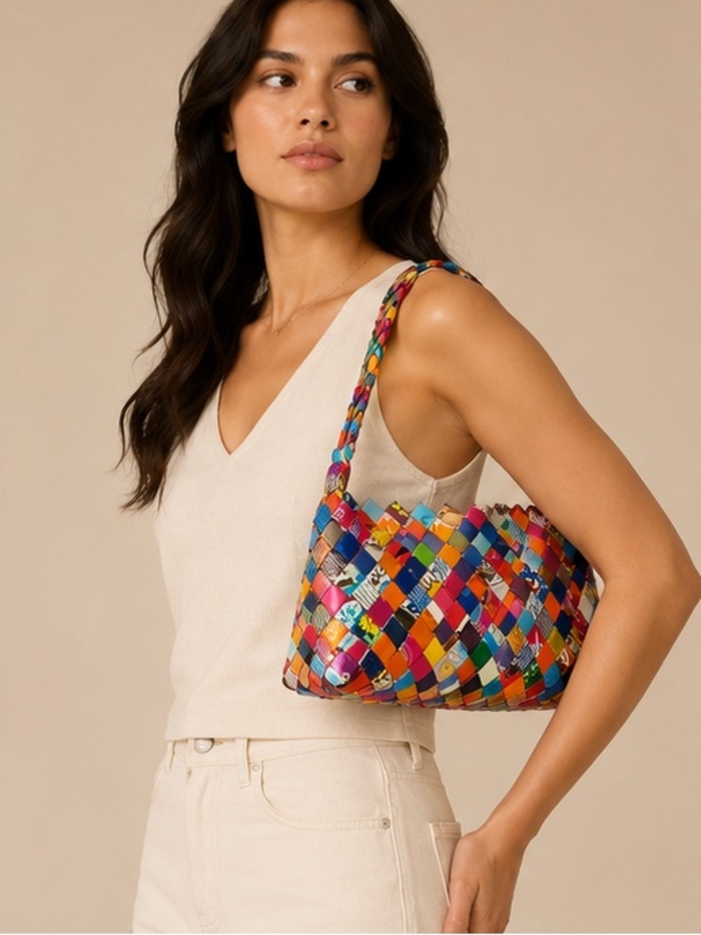 Handmade Recycled Magazine Woven Handbag Colorful Art Purse Statement Bag